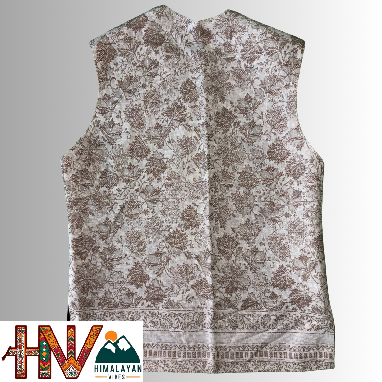 Women Pashmina Blend Cream Color Himachali Sadri with Leaf pattern – Traditional Waistcoat by Himalayan Vibes