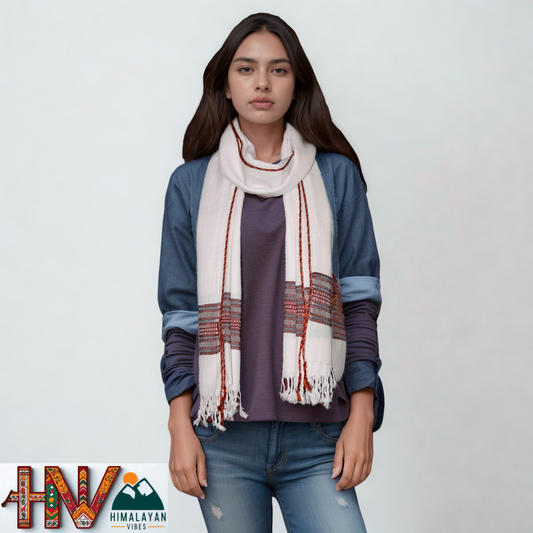 Handwoven Himalayan White Wool Stole – Red & Grey Striped with Geometric Motif Border
