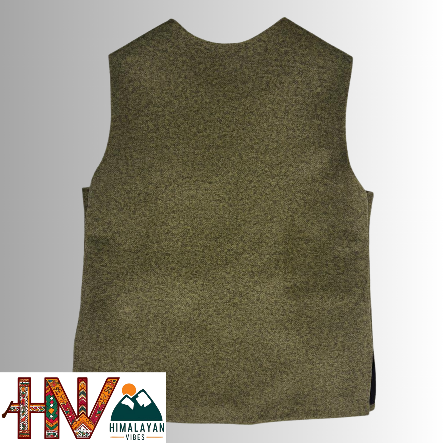 Girls Sleeveless Olive Green Woolen Sadri Jacket in Martin Fabric – Handcrafted Himachali Ethnic Wear with Floral Lace