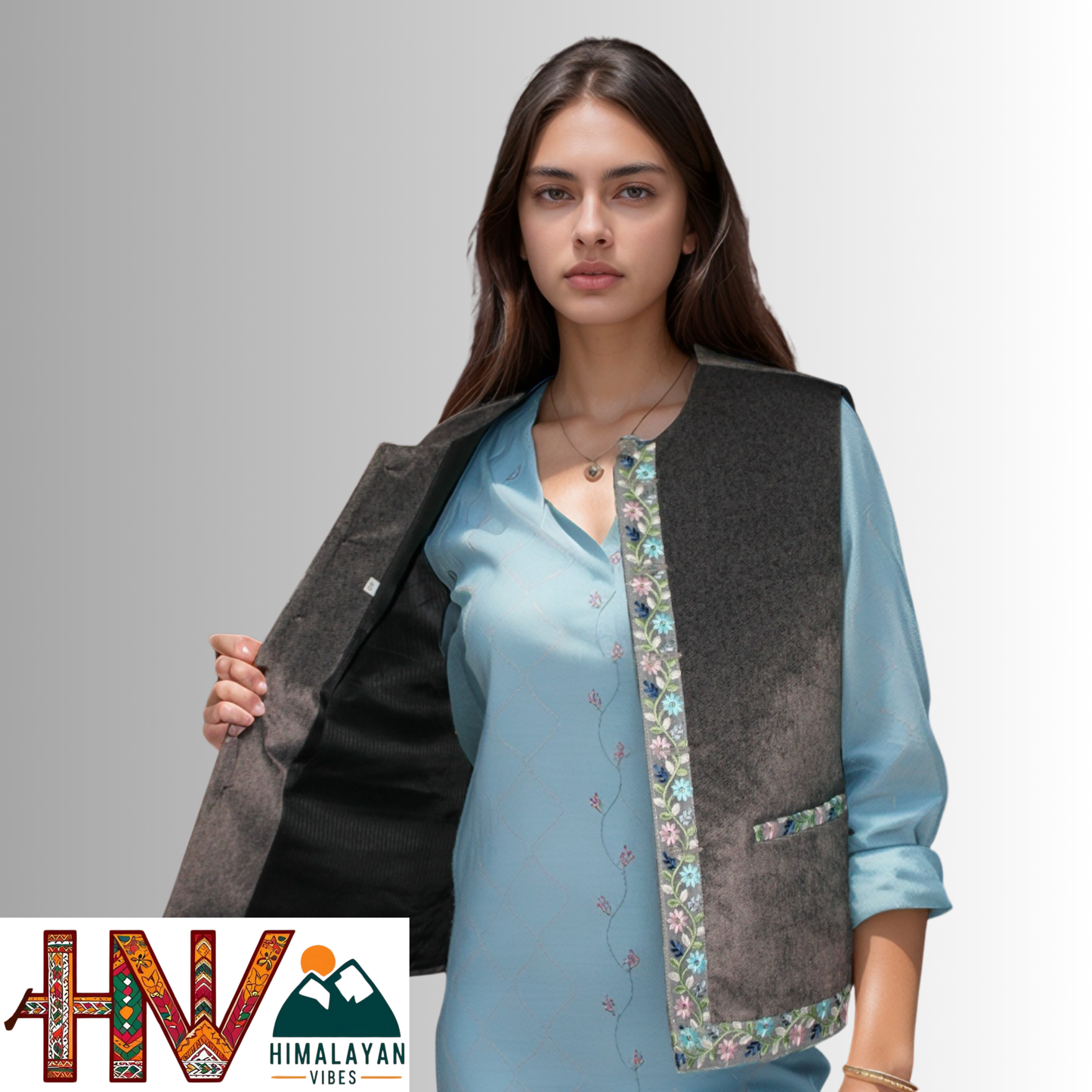 Himachali Dark Grey Sadri with embroidered Lace for Women - Martin Fabric Ethnic Half Jacket with Pockets