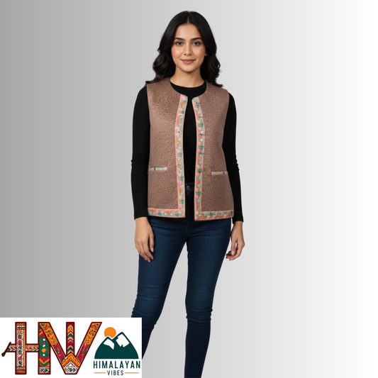 Himachali Light brown Sadri with embroidered Lace for Women - Martin Fabric Ethnic Half Jacket with Pockets