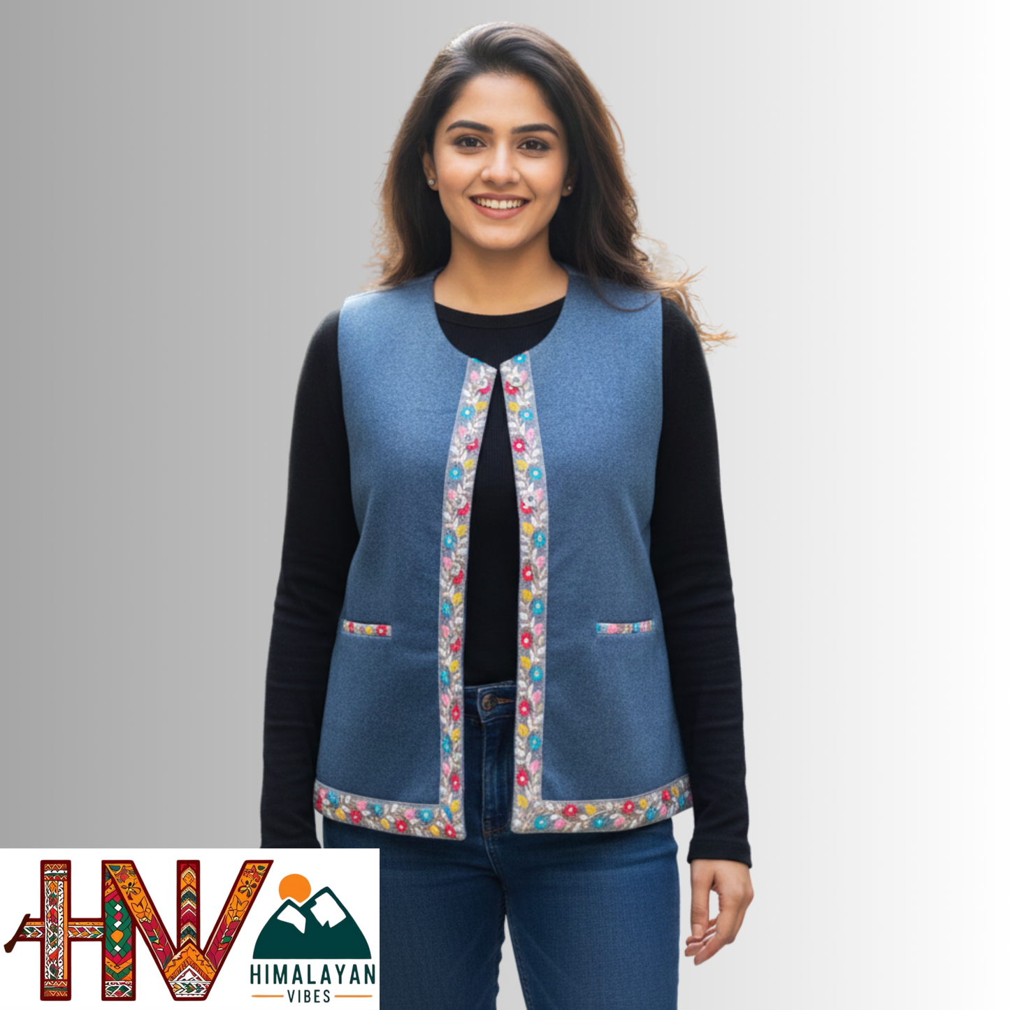 Himachali Blue Sadri with embroidered Lace for Women - Martin Fabric Ethnic Half Jacket with Pockets