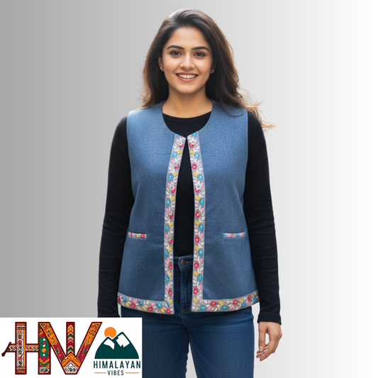 Himachali Blue Sadri with embroidered Lace for Women - Martin Fabric Ethnic Half Jacket with Pockets