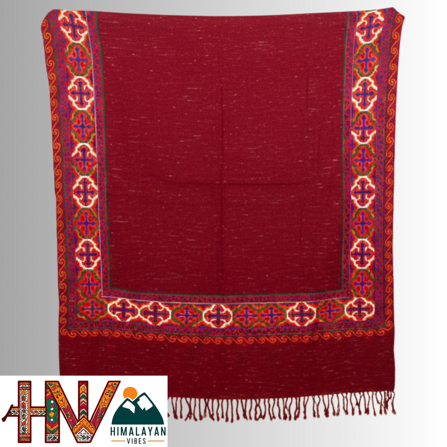 Handwoven Red Kinnauri Woolen Stole with Traditional Kinnauri Patti Geometric Motifs with red Border– Handwoven Elegance By Himalayan Vibes