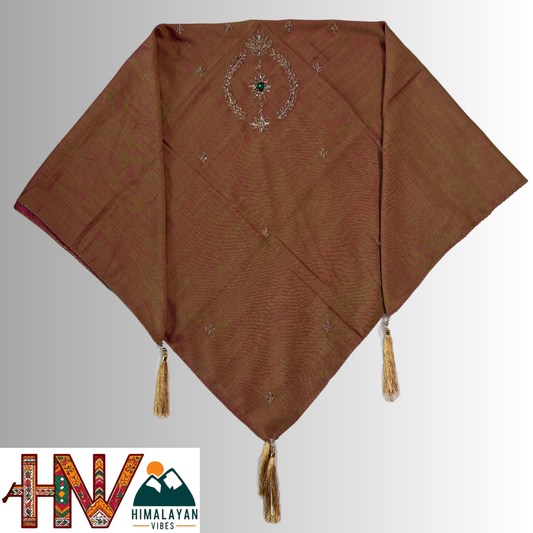 Handcrafted Himachali Reddish Brown Dhatu with Golden Embroidery – A Unique Embroidered Head Scarf