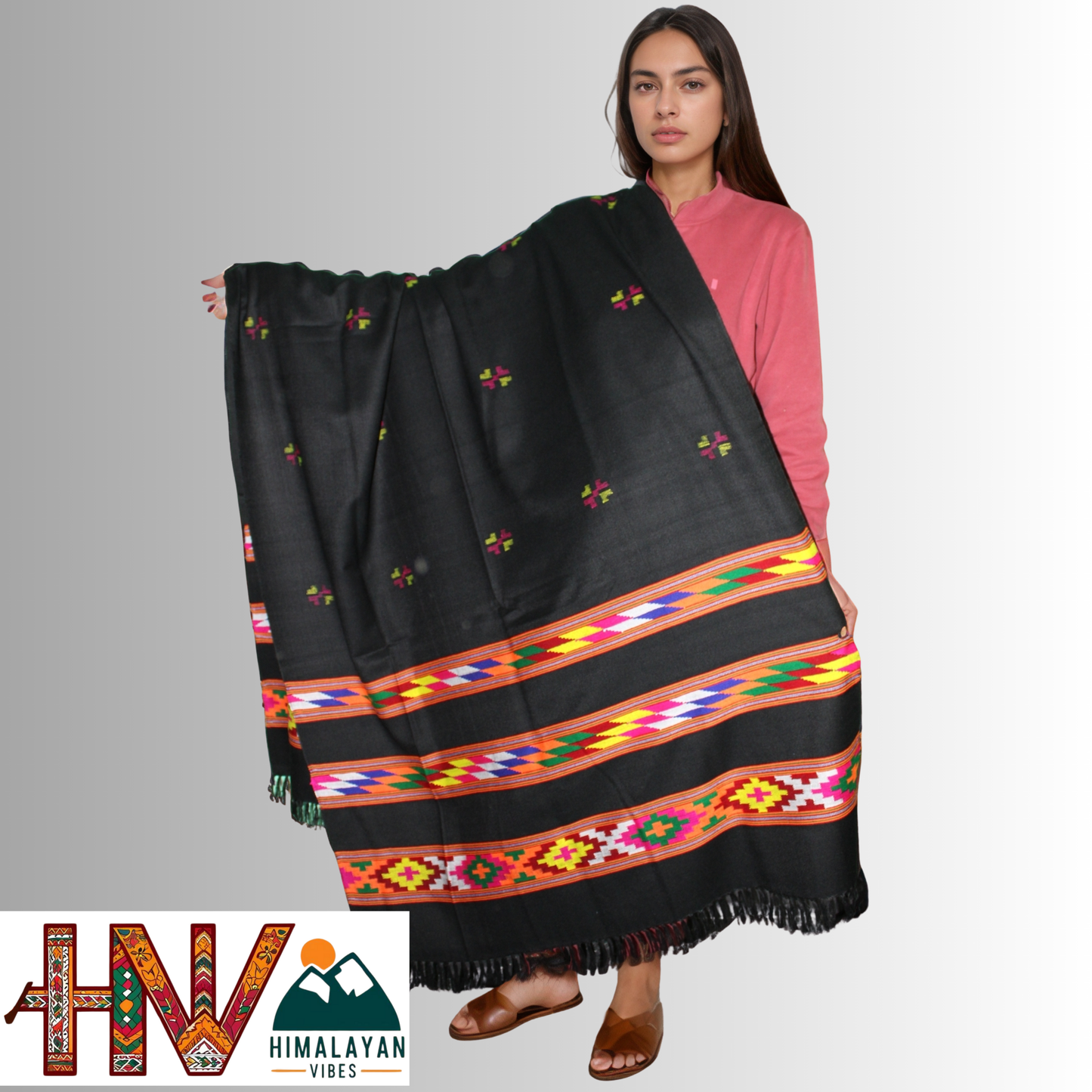 Handwoven Black Kullu Shawl – With Intricate Design 3 Patti & Traditional Himalayan Craftsmanship