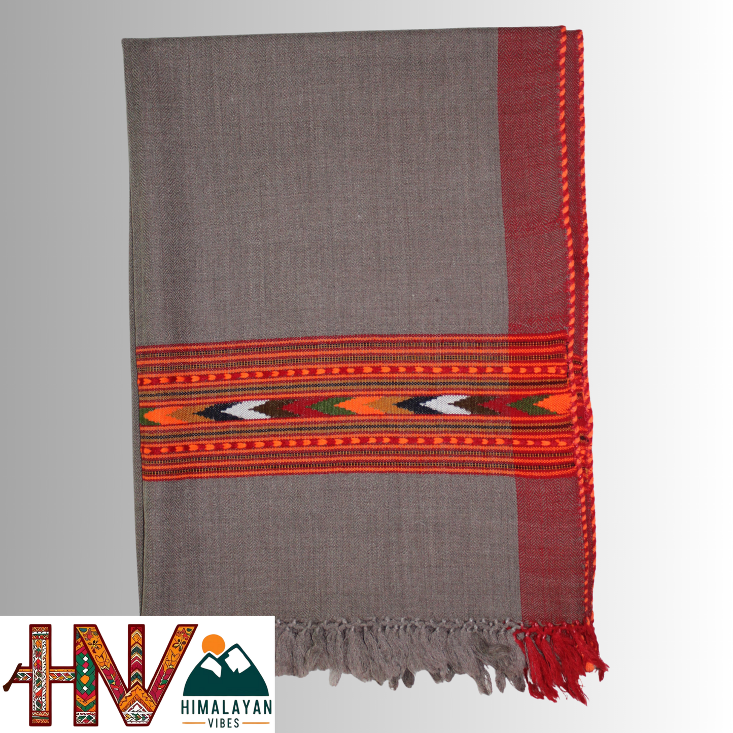 Handwoven Grey Kullu Woolen Stole with Traditional Kullu Patti Design with Red Border– Handwoven Elegance By Himalayan Vibes