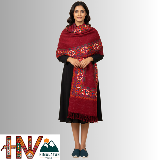 Handwoven Red Kinnauri Woolen Stole with Traditional Kinnauri Patti Geometric Motifs with red Border– Handwoven Elegance By Himalayan Vibes