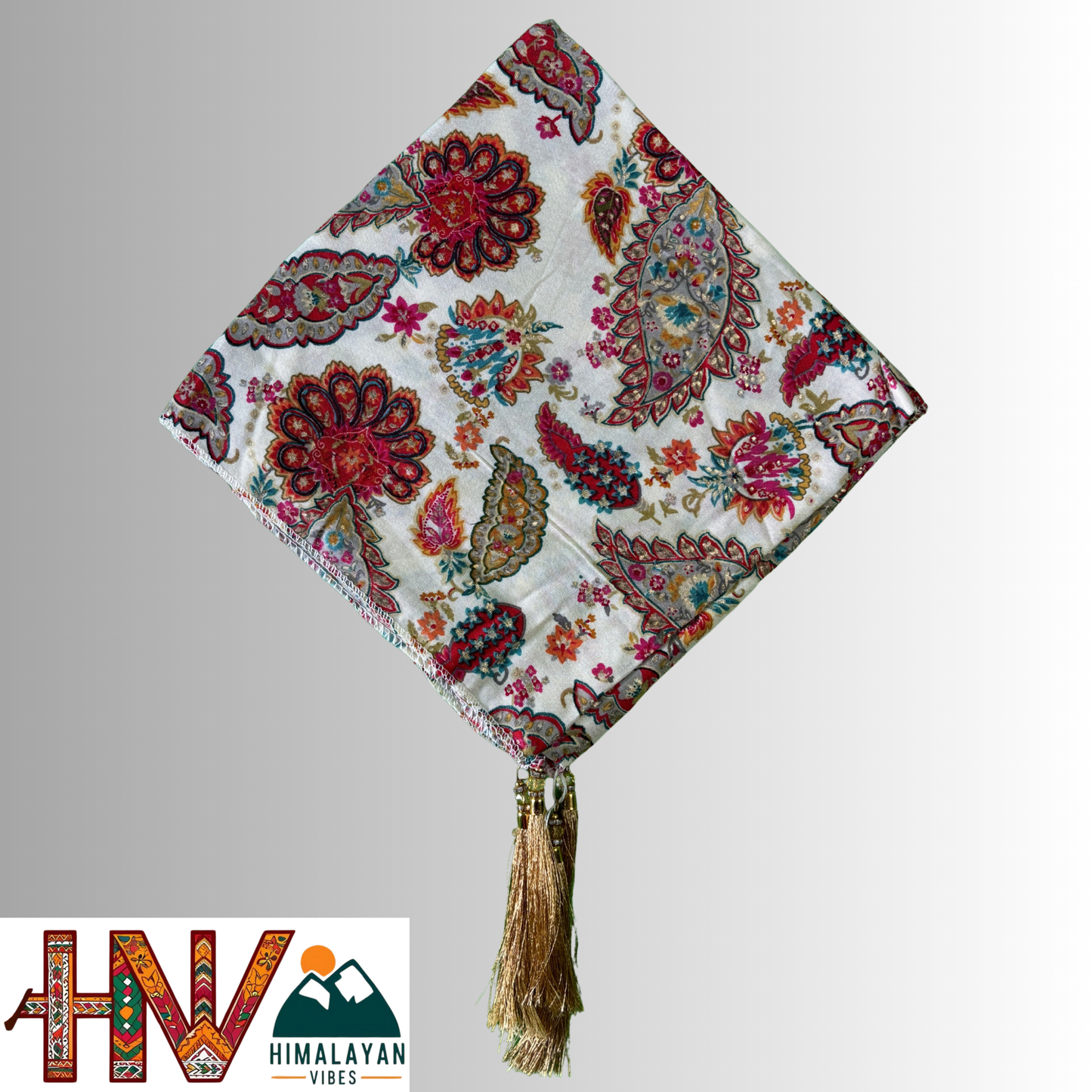 Himalayan Vibes Off White Color Himachali Dhatu with Leaf Print - Handcrafted Traditional Head Scarf from Himalayas