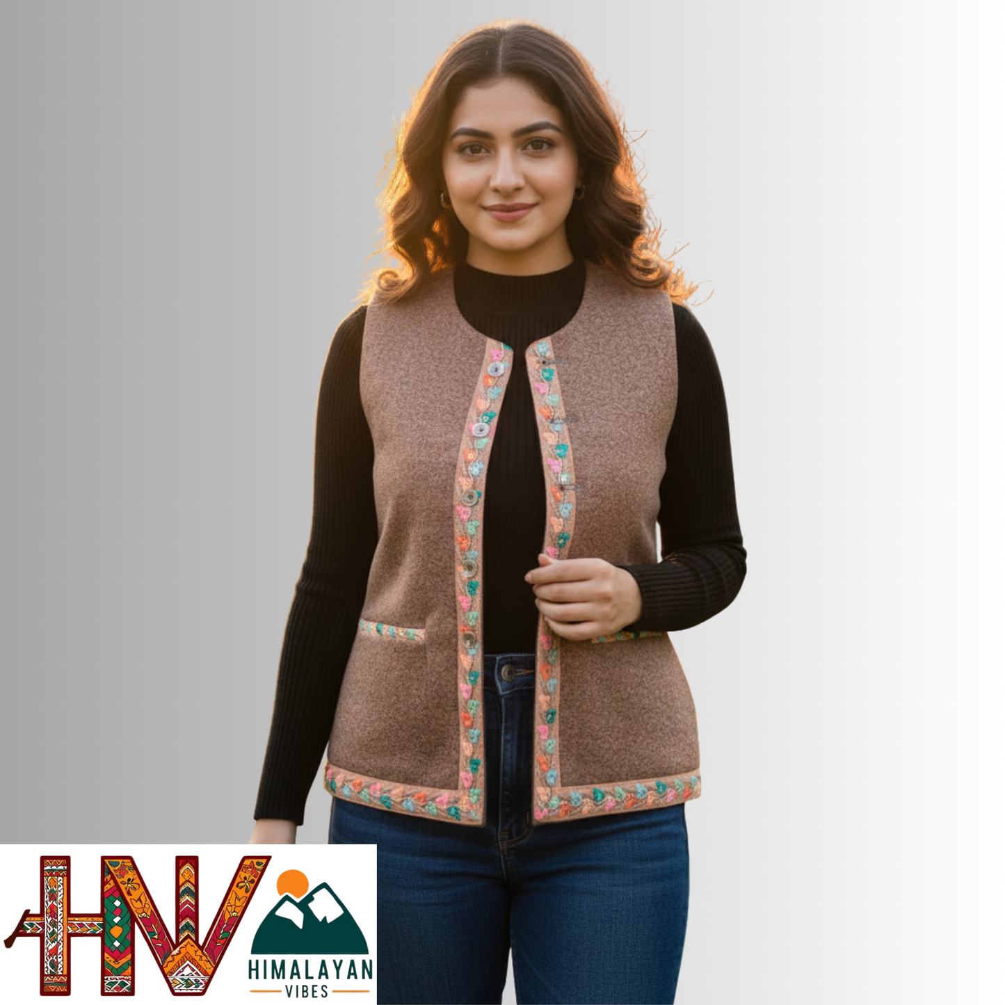Himachali Light brown Sadri with embroidered Lace for Women - Martin Fabric Ethnic Half Jacket with Pockets
