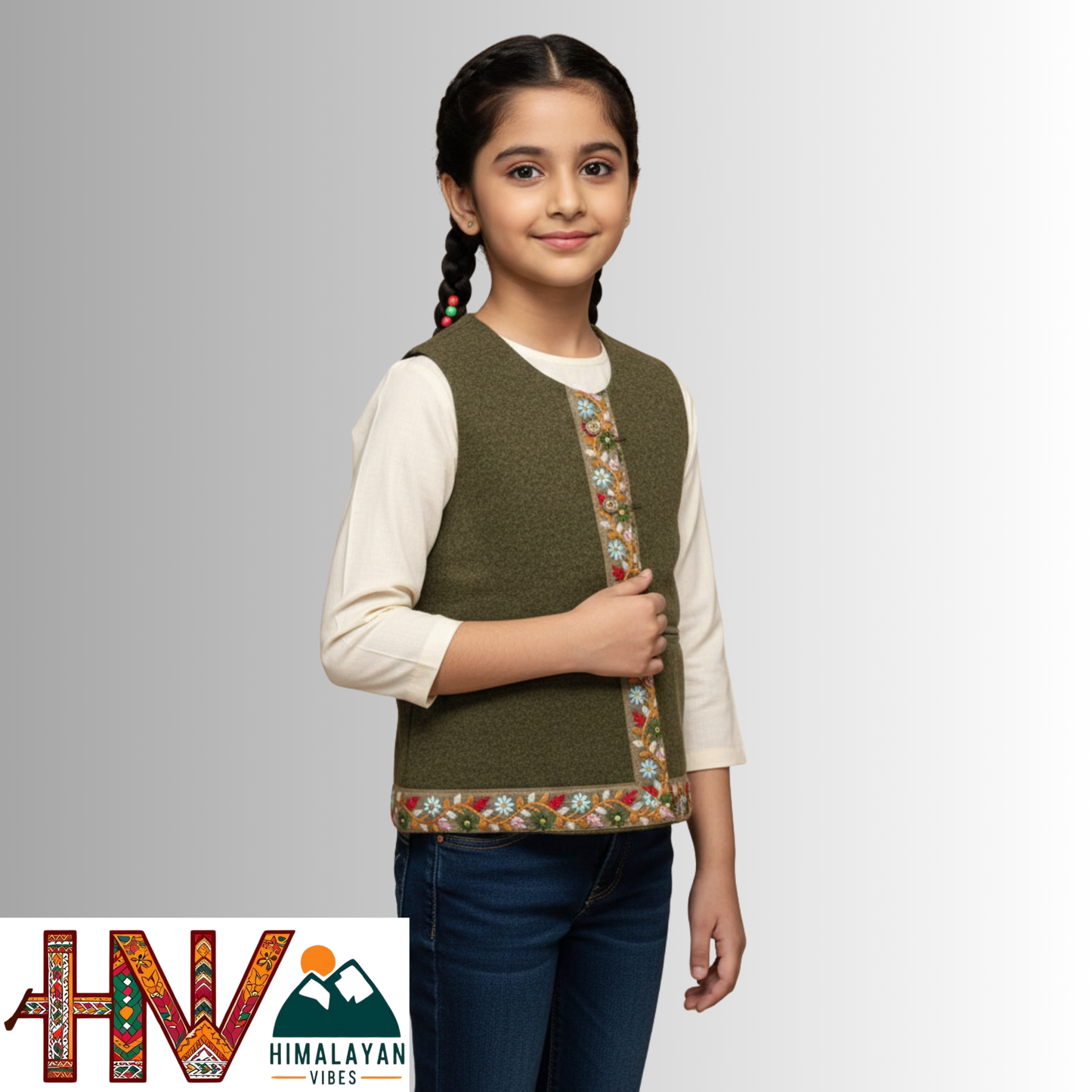Girls Sleeveless Olive Green Woolen Sadri Jacket in Martin Fabric – Handcrafted Himachali Ethnic Wear with Floral Lace