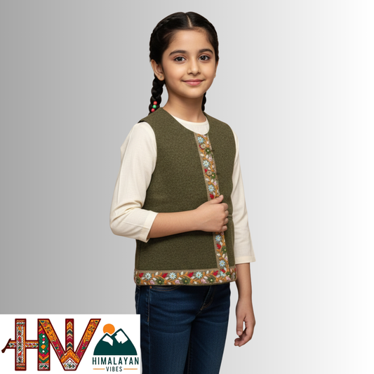 Girls Sleeveless Olive Green Woolen Sadri Jacket in Martin Fabric – Handcrafted Himachali Ethnic Wear with Floral Lace