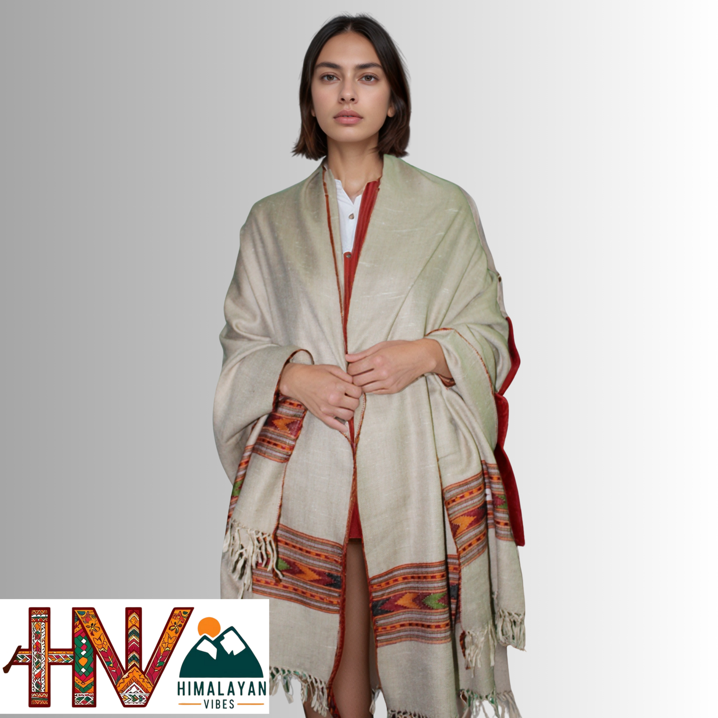 Handwoven caramel Kullu Shawl – With Intricate Design Patti & Traditional Himalayan Craftsmanship