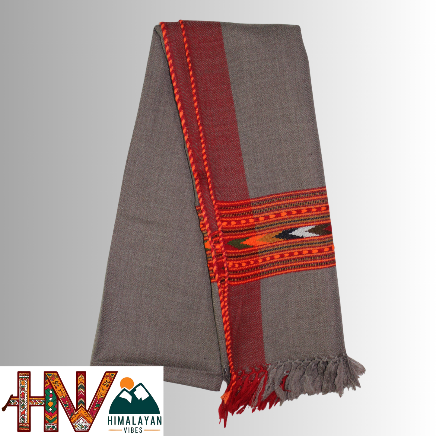 Handwoven Grey Kullu Woolen Stole with Traditional Kullu Patti Design with Red Border– Handwoven Elegance By Himalayan Vibes