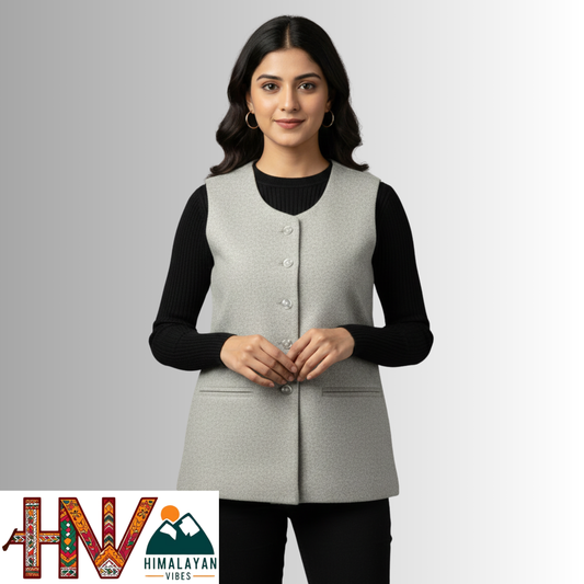 Himalayan Vibes Sage Green Women's Tweed Sadri - Sleeveless Nehru Jacket