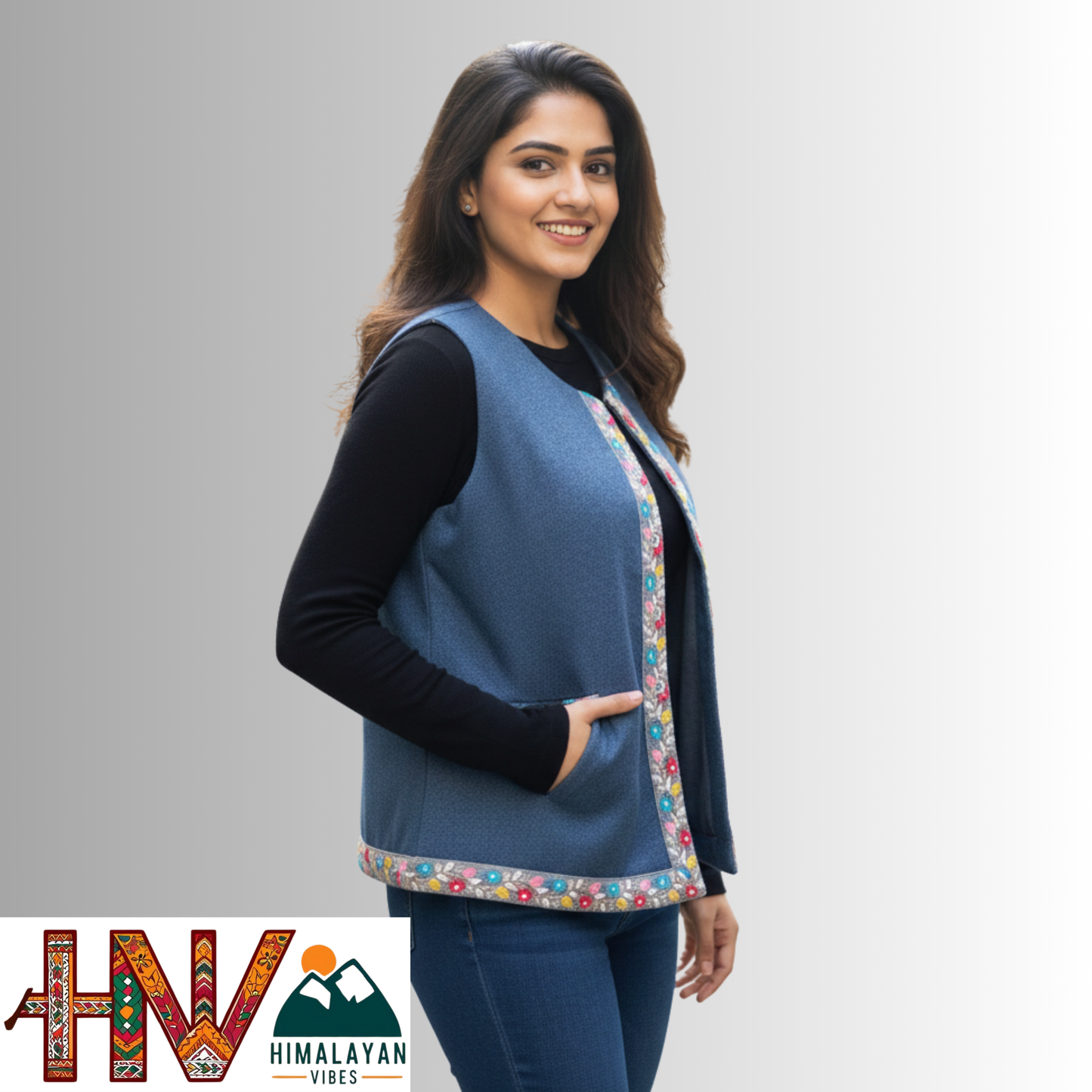 Himachali Blue Sadri with embroidered Lace for Women - Martin Fabric Ethnic Half Jacket with Pockets