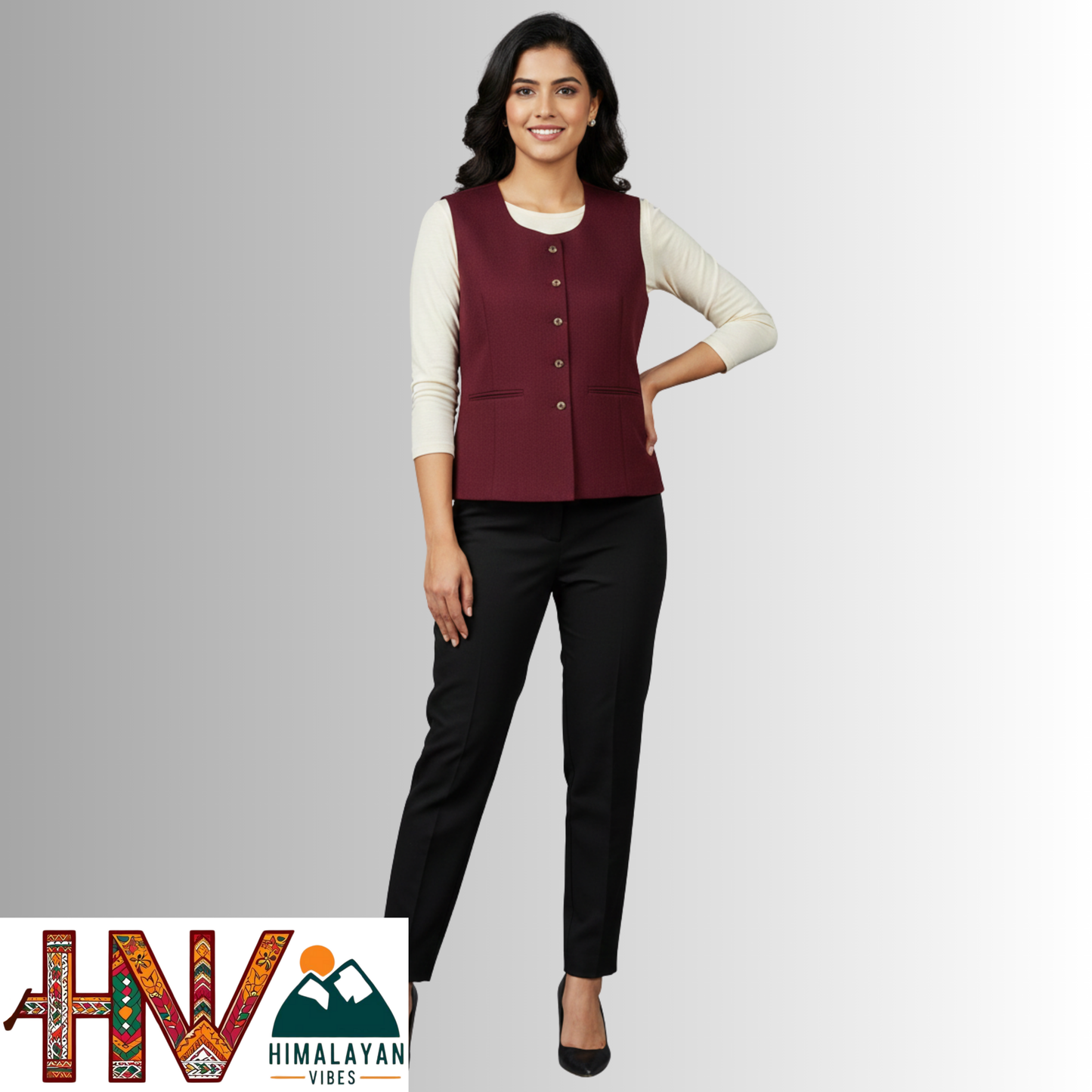 Himalayan Vibes Women's Plain Maroon Pashmina Mix Sleeveless Sadri