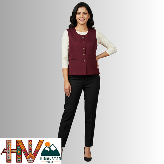 Himalayan Vibes Women's Plain Maroon Pashmina Mix Sleeveless Sadri