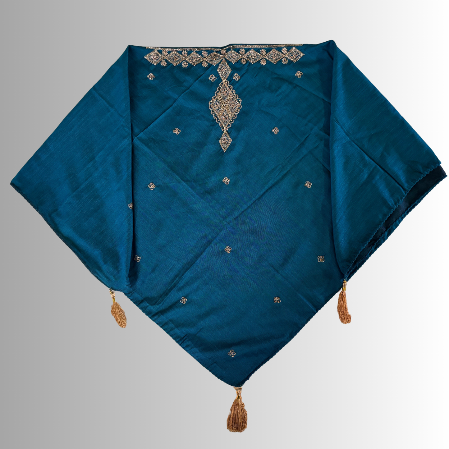 Handcrafted Himachali Teal Blue Dhatu with Gold Embroidery – A Unique Embroidered Head Scarf