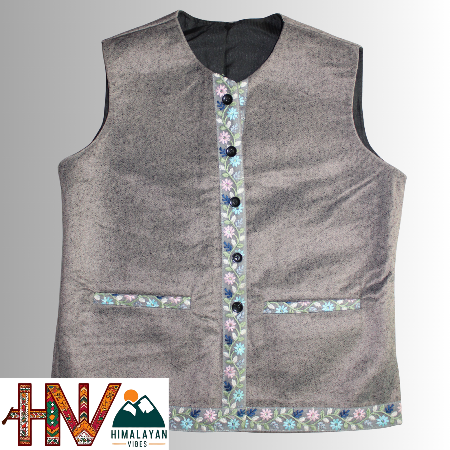 Himachali Light Grey Sadri with embroidered Lace for Women - Martin Fabric Ethnic Half Jacket with Pockets