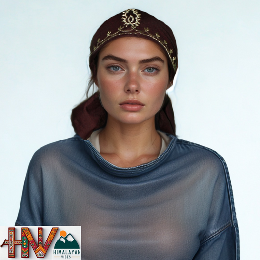 Handcrafted Himachali Coffee Color Dhatu with Golden Embroidery – A Unique Embroidered Head Scarf
