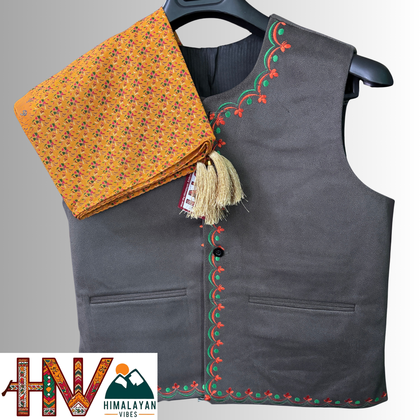 Embroidered dark grey sadri and mustard dhatu combo