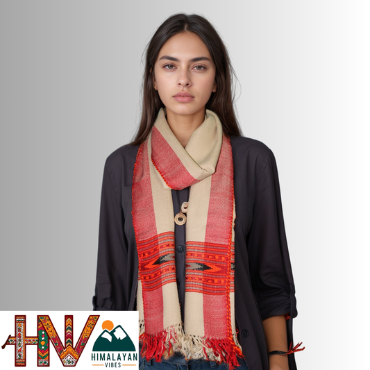 Handwoven Light Beige Kullu Woolen Stole With Traditional Kullu Patti Design and Red Border– Handwoven Elegance By Himalayan Vibes