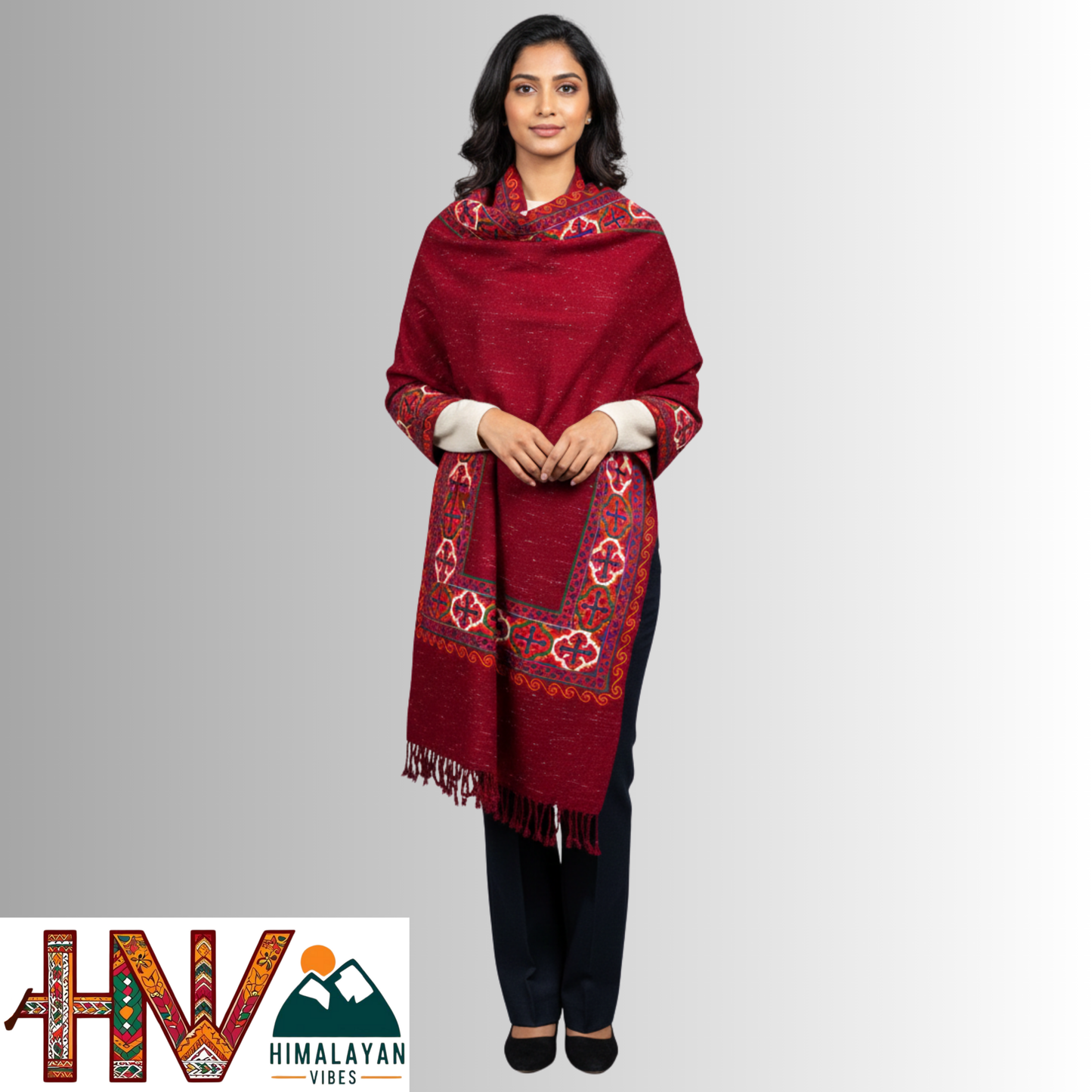 Handwoven Red Kinnauri Woolen Stole with Traditional Kinnauri Patti Geometric Motifs with red Border– Handwoven Elegance By Himalayan Vibes