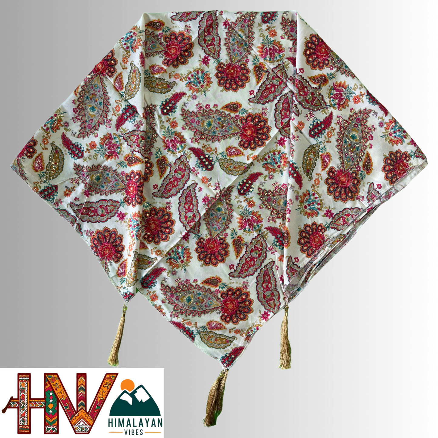 Himalayan Vibes Off White Color Himachali Dhatu with Leaf Print - Handcrafted Traditional Head Scarf from Himalayas
