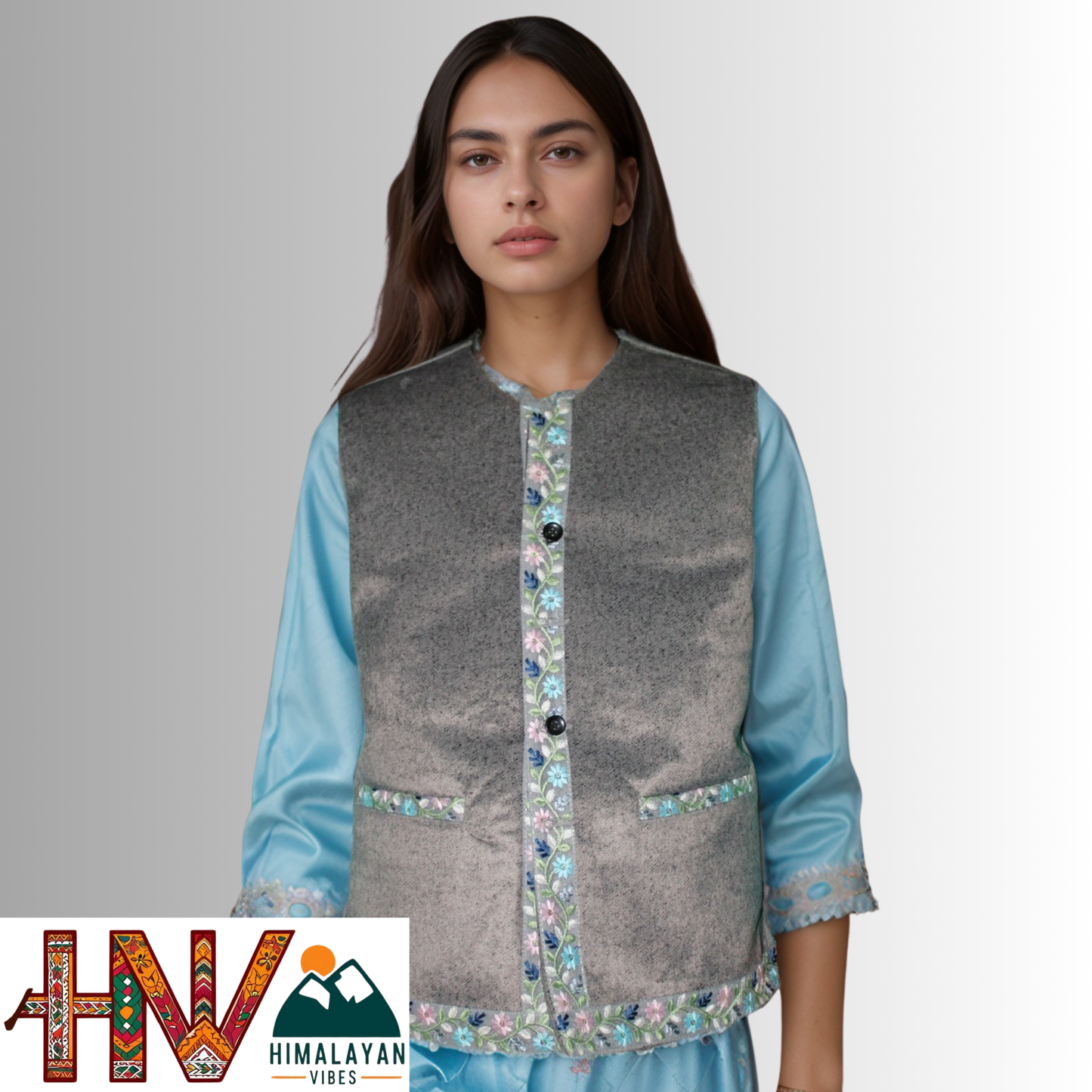 Himachali Light Grey Sadri with embroidered Lace for Women - Martin Fabric Ethnic Half Jacket with Pockets
