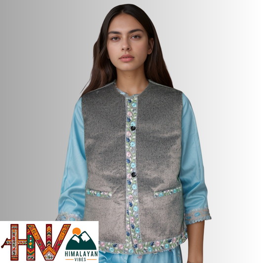 Himachali Light Grey Sadri with embroidered Lace for Women - Martin Fabric Ethnic Half Jacket with Pockets