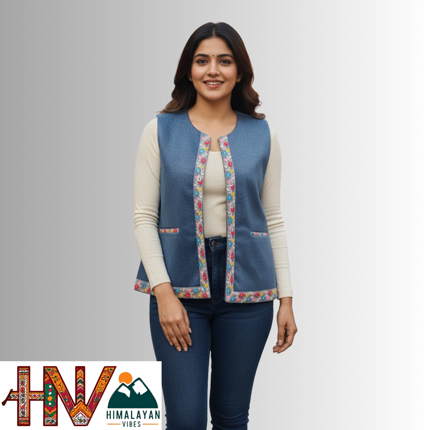 Himachali Blue Sadri with embroidered Lace for Women - Martin Fabric Ethnic Half Jacket with Pockets