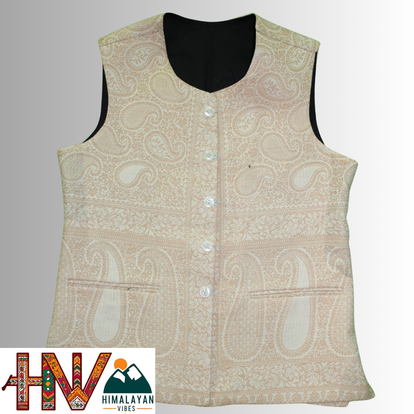 Women Pashmina Blend Cream Color Himachali Sadri with dense floral pattern – Traditional Waistcoat by Himalayan Vibes