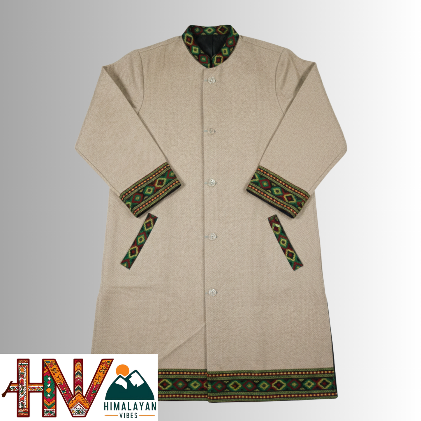 Himalayan Vibes Beige Woolen Long Coat - Traditional Kullu Patti Trimmed Jacket