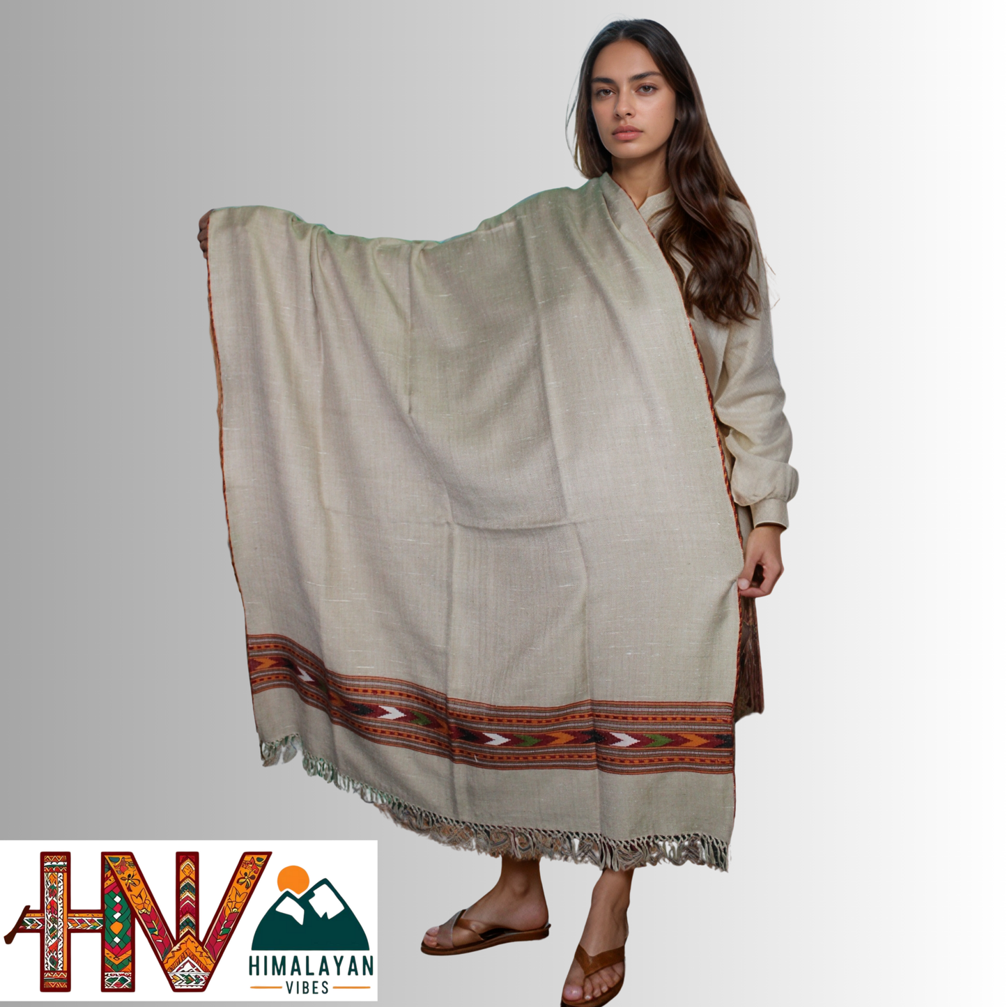 Handwoven caramel Kullu Shawl – With Intricate Design Patti & Traditional Himalayan Craftsmanship