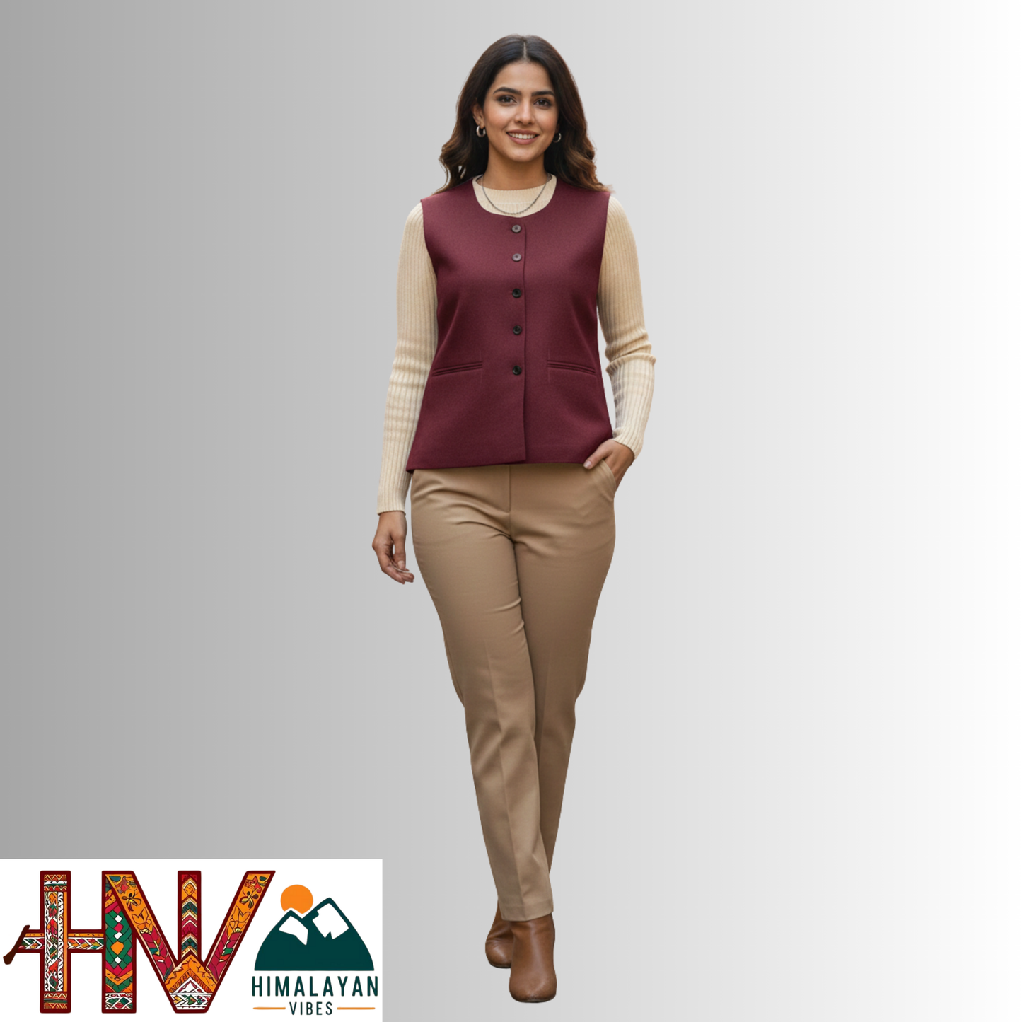 Himalayan Vibes Women's Plain Maroon Pashmina Mix Sleeveless Sadri