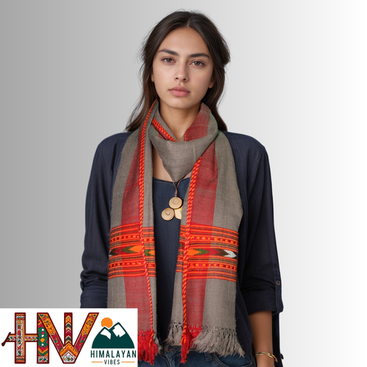 Handwoven Grey Kullu Woolen Stole with Traditional Kullu Patti Design with Red Border– Handwoven Elegance By Himalayan Vibes