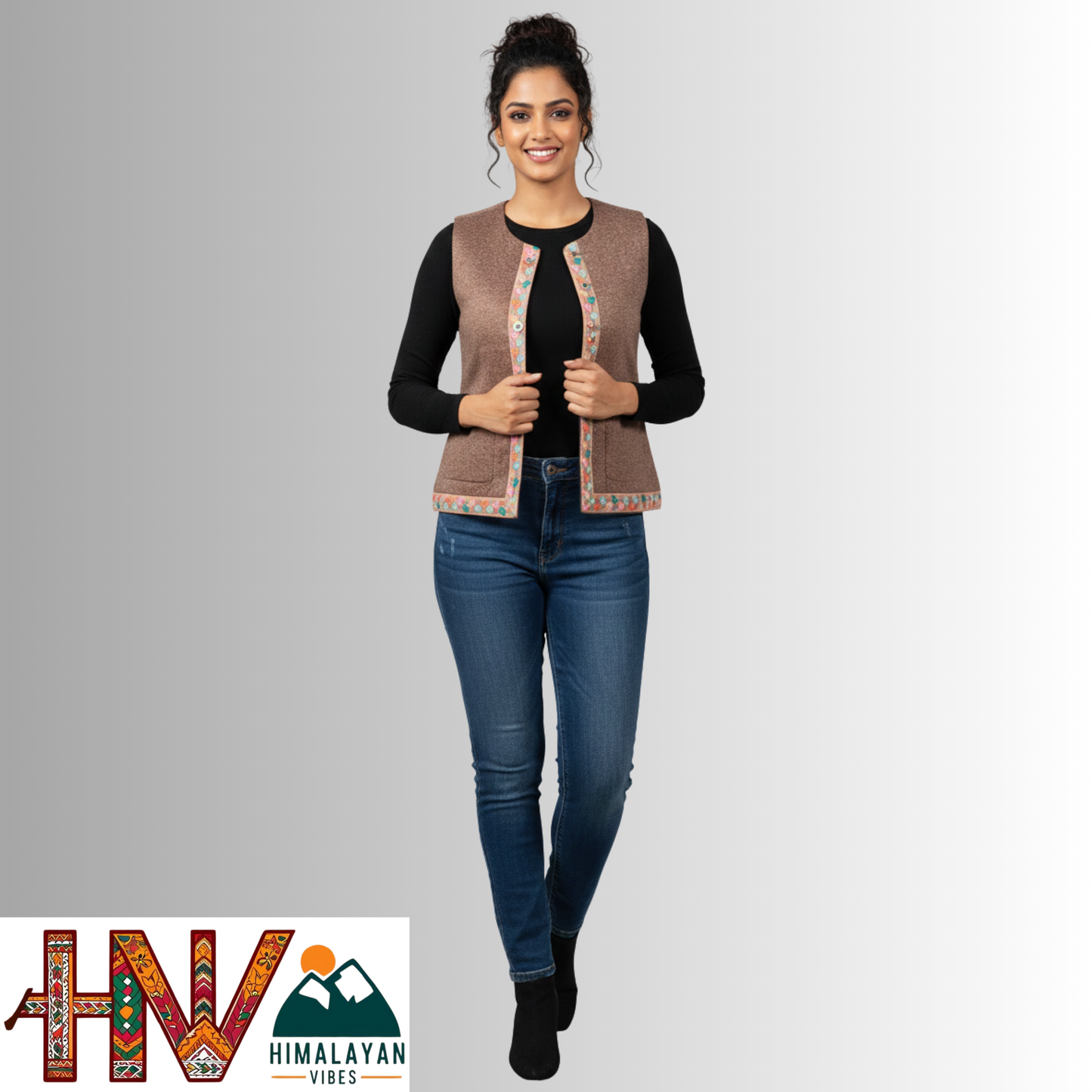 Himachali Light brown Sadri with embroidered Lace for Women - Martin Fabric Ethnic Half Jacket with Pockets