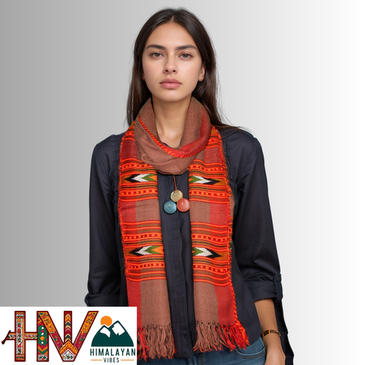 Handwoven Light fawn Kullu Woolen Stole with Traditional Kullu Patti Design in Vibrant Red Border– Handwoven Elegance By Himalayan Vibes