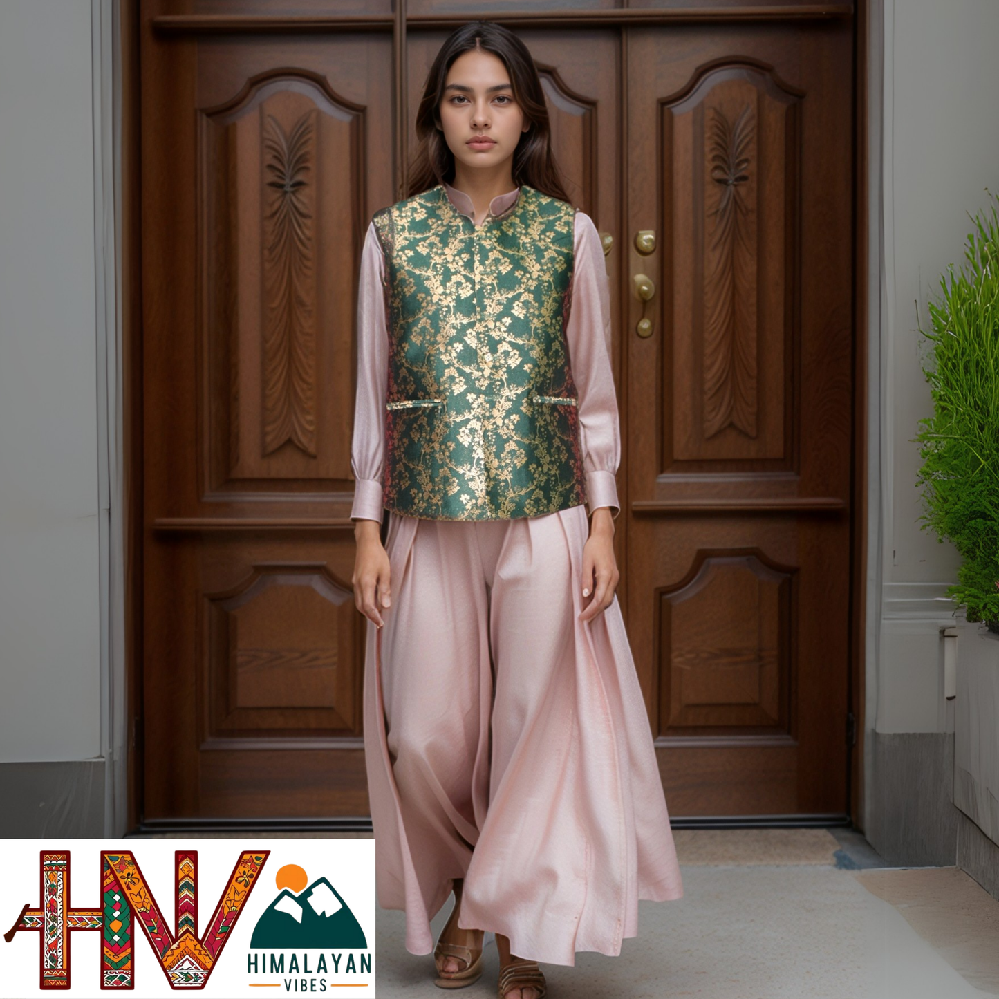 Women's Green Printed Sadri with Golden floral pattern - Elegant Brocade Festive Wear with Inner Pockets
