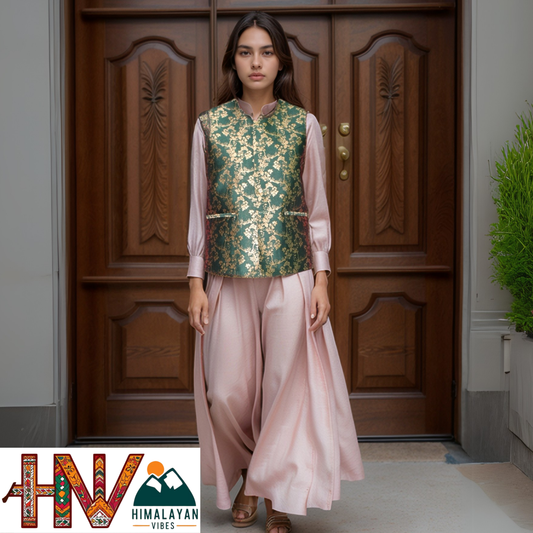 Women's Green Printed Sadri with Golden floral pattern - Elegant Brocade Festive Wear with Inner Pockets