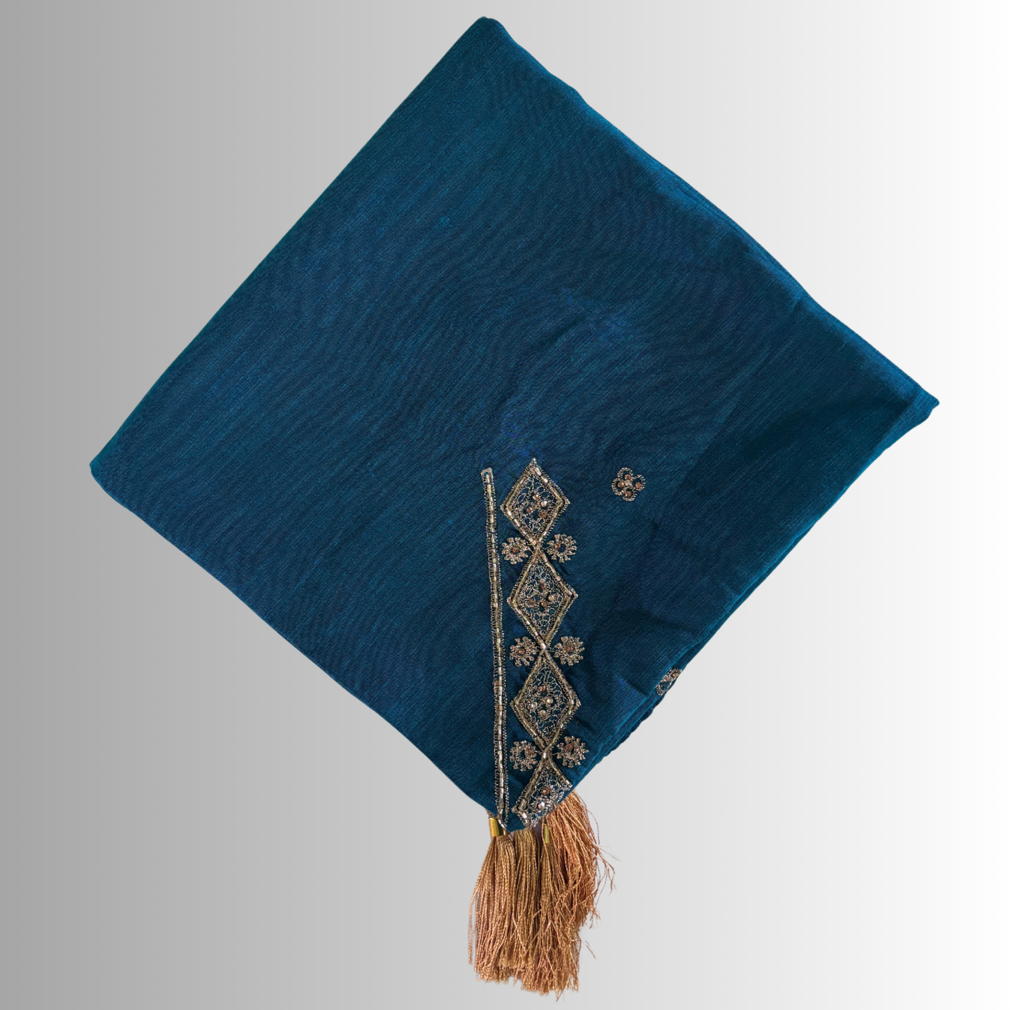 Handcrafted Himachali Teal Blue Dhatu with Gold Embroidery – A Unique Embroidered Head Scarf