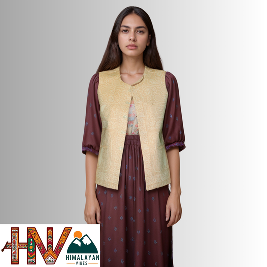 Women Pashmina Blend Cream Color Himachali Sadri with dense floral pattern – Traditional Waistcoat by Himalayan Vibes