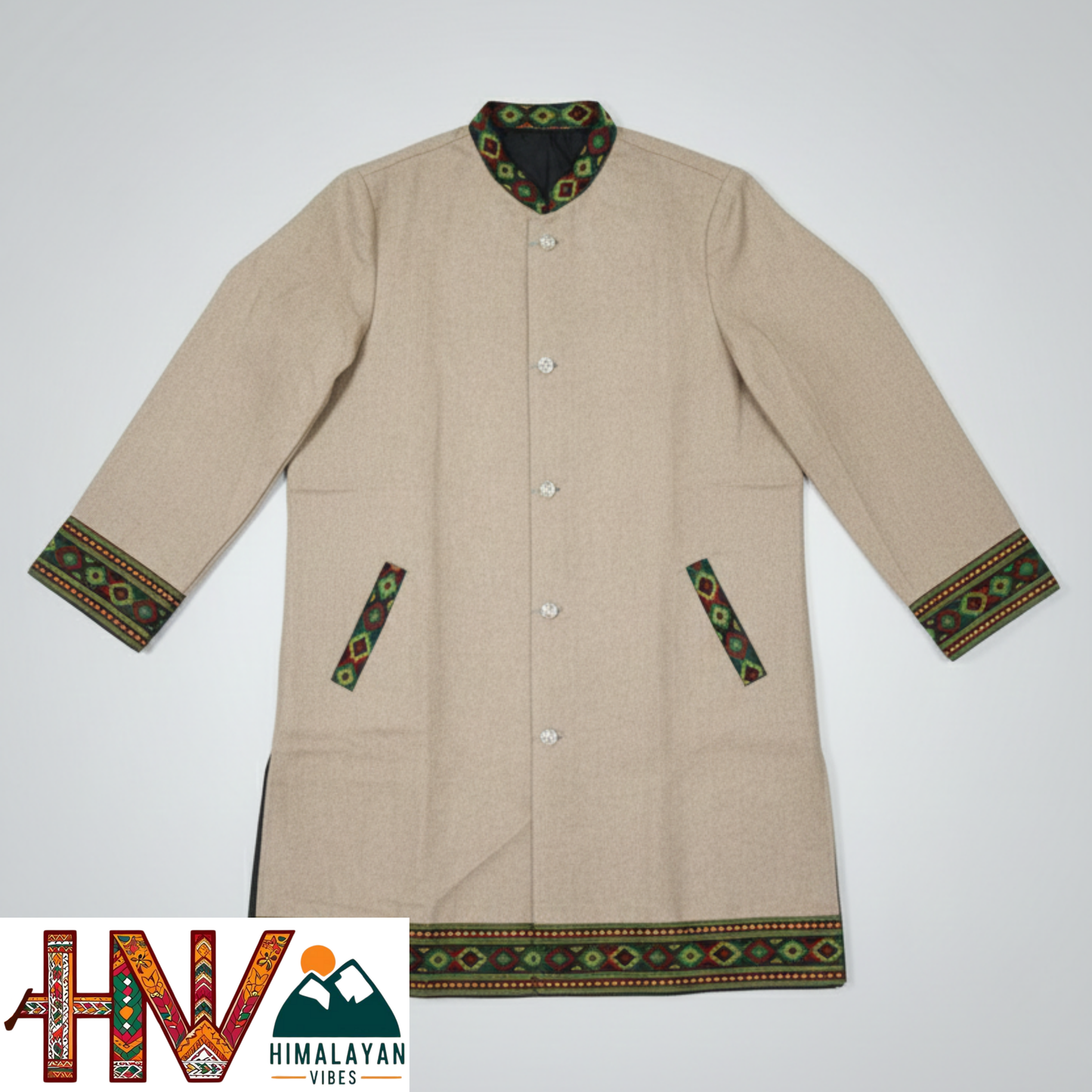 Himalayan Vibes Beige Woolen Long Coat - Traditional Kullu Patti Trimmed Jacket