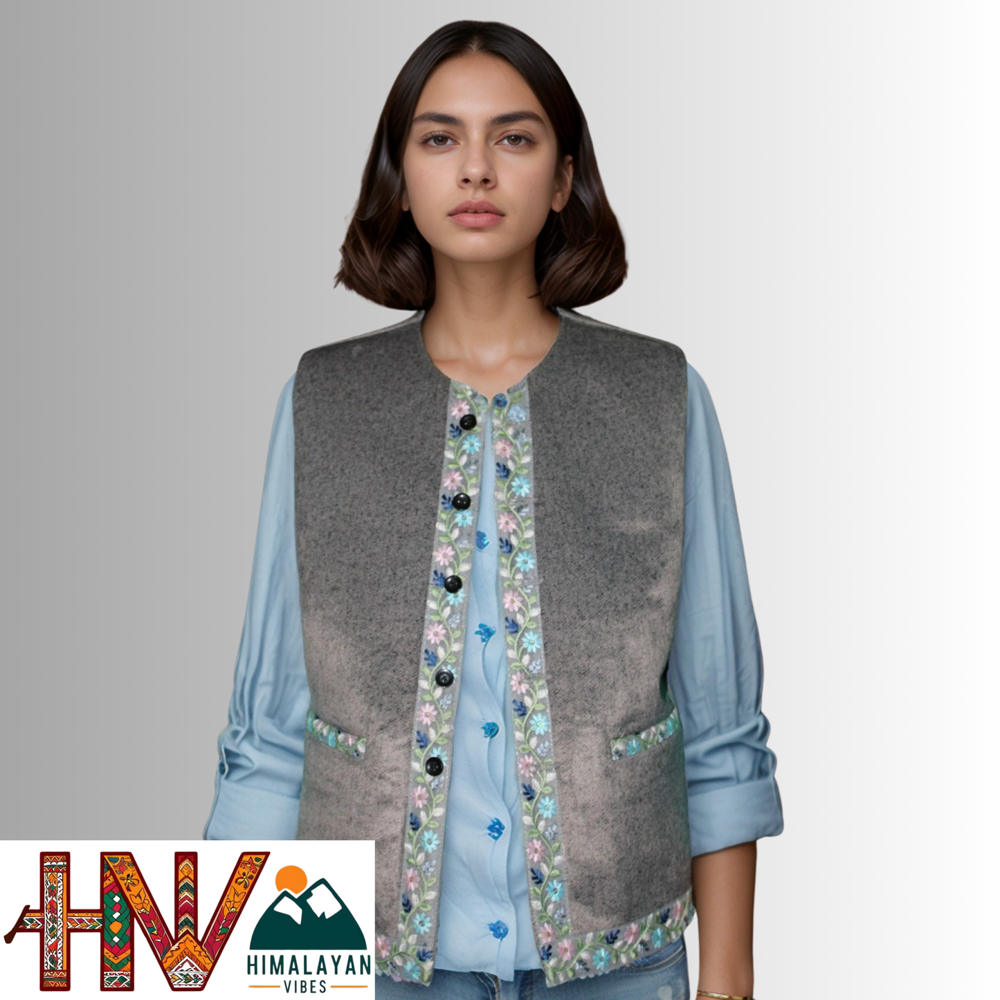 Himachali Light Grey Sadri with embroidered Lace for Women - Martin Fabric Ethnic Half Jacket with Pockets