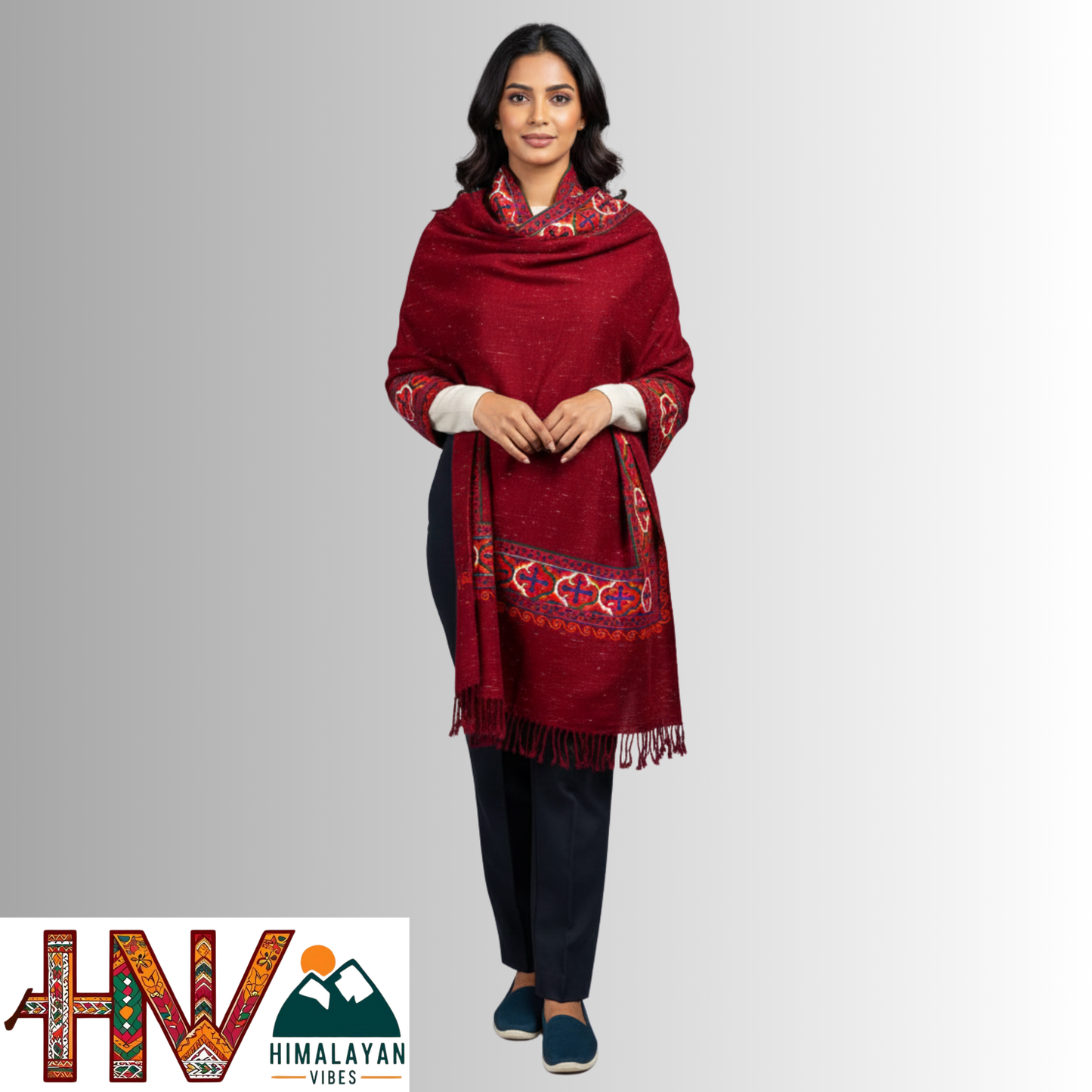 Handwoven Red Kinnauri Woolen Stole with Traditional Kinnauri Patti Geometric Motifs with red Border– Handwoven Elegance By Himalayan Vibes