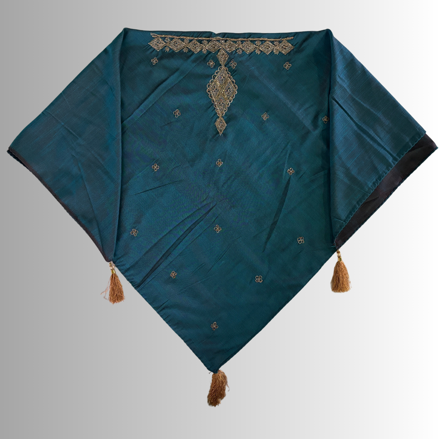 Handcrafted Himachali Teal Blue Dhatu with Gold Embroidery – A Unique Embroidered Head Scarf
