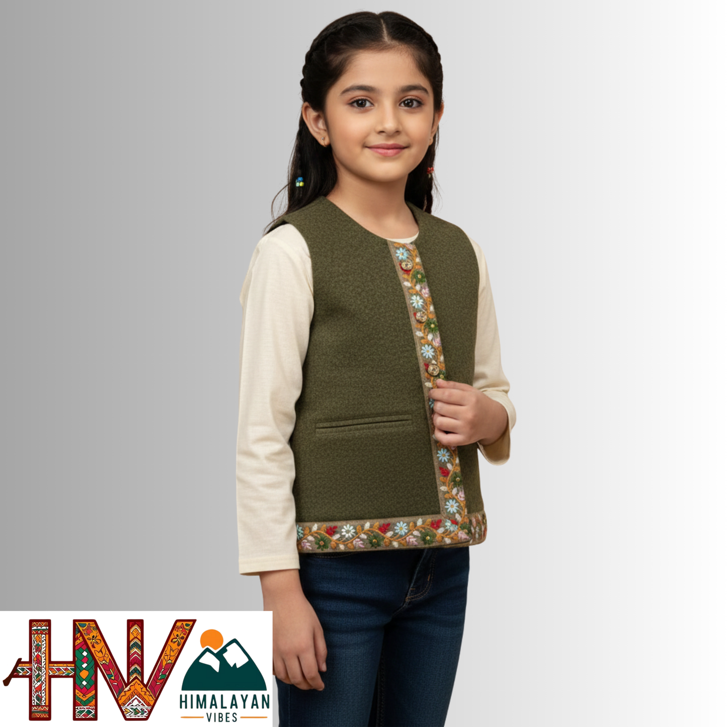 Girls Sleeveless Olive Green Woolen Sadri Jacket in Martin Fabric – Handcrafted Himachali Ethnic Wear with Floral Lace