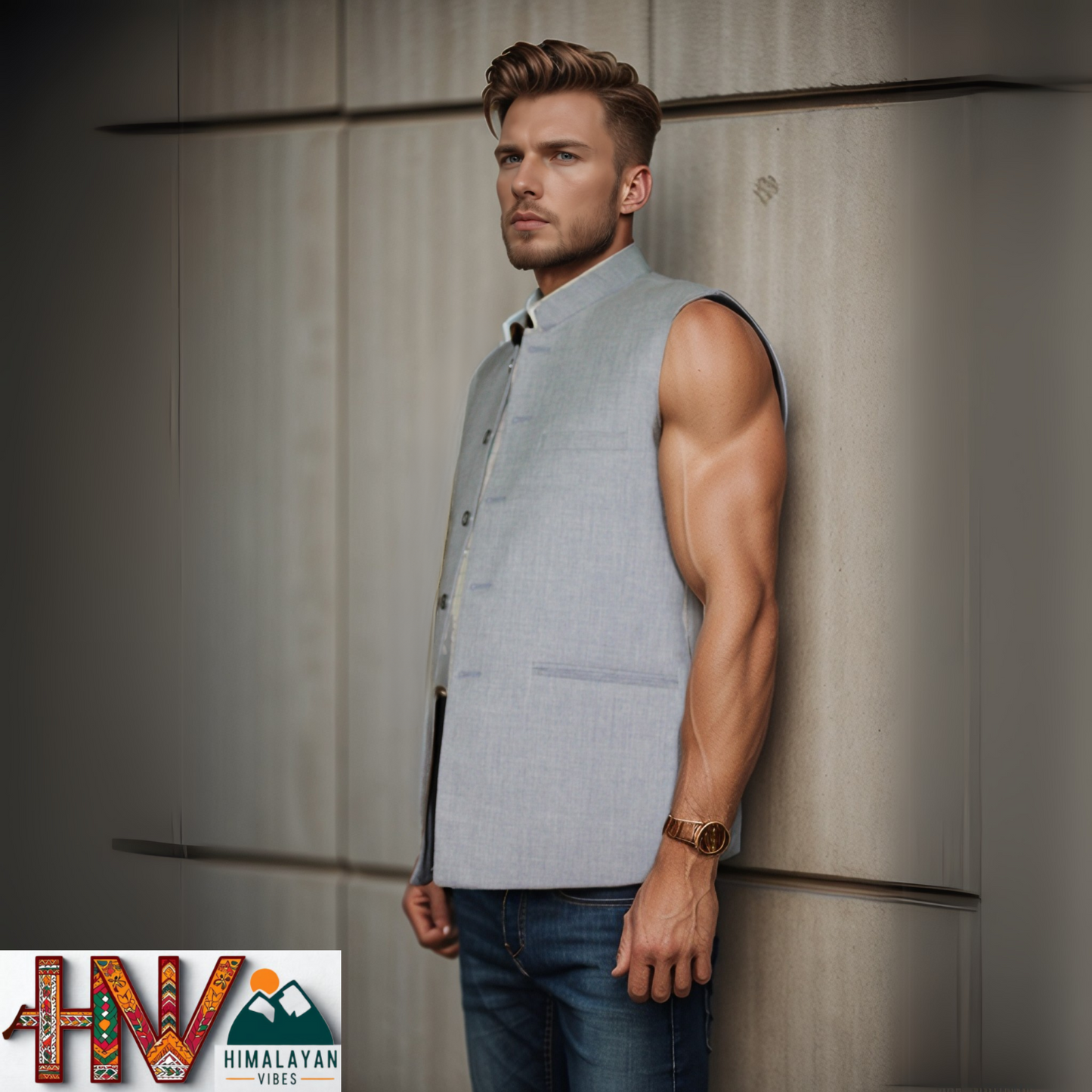 Himalayan Breeze Light Grey Sleeveless Jacket – Traditional Craft, Modern Style