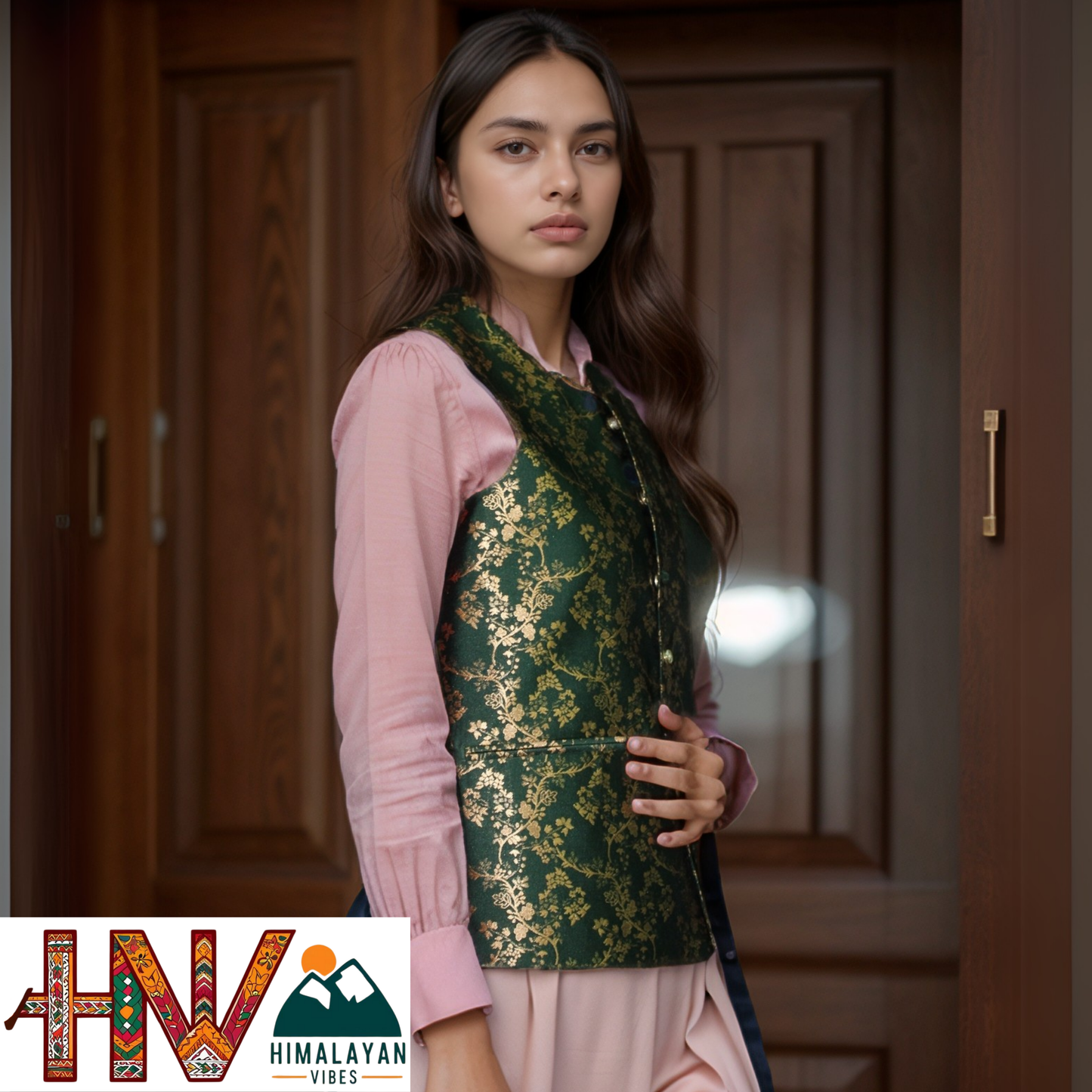 Women's Green Printed Sadri with Golden floral pattern - Elegant Brocade Festive Wear with Inner Pockets